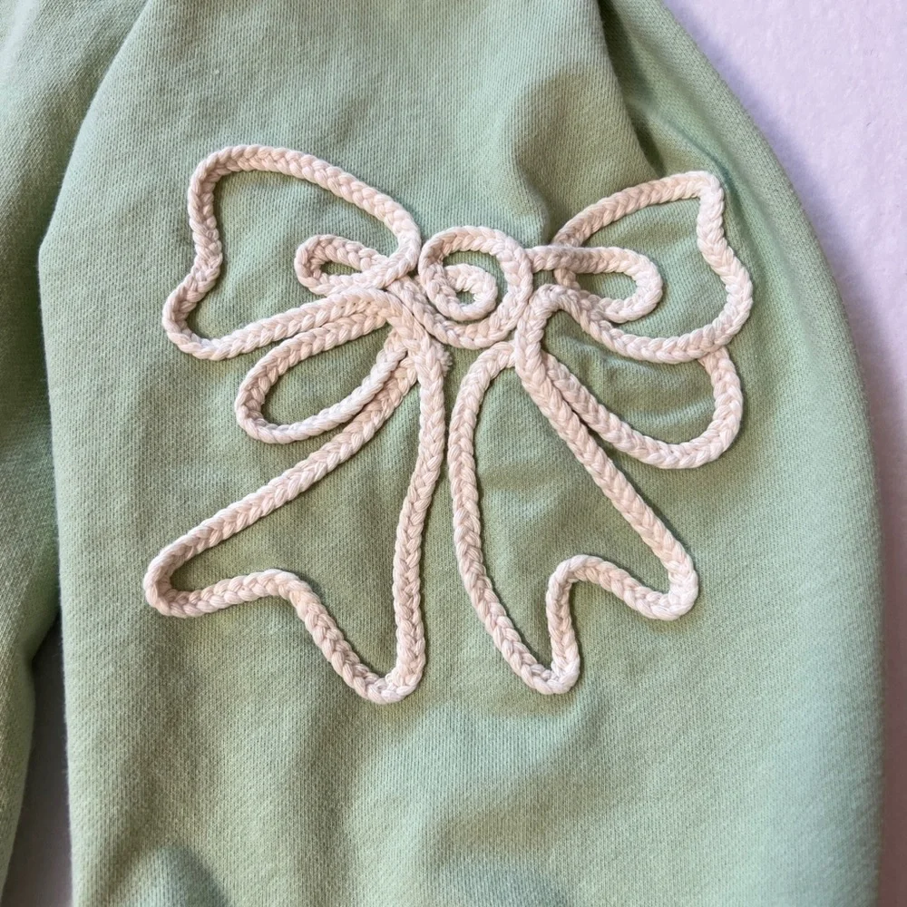 Easel Sage Green Appliqué Pullover Sweatshirt Top with Bow Details 100% Cotton - Picture 3 of 9